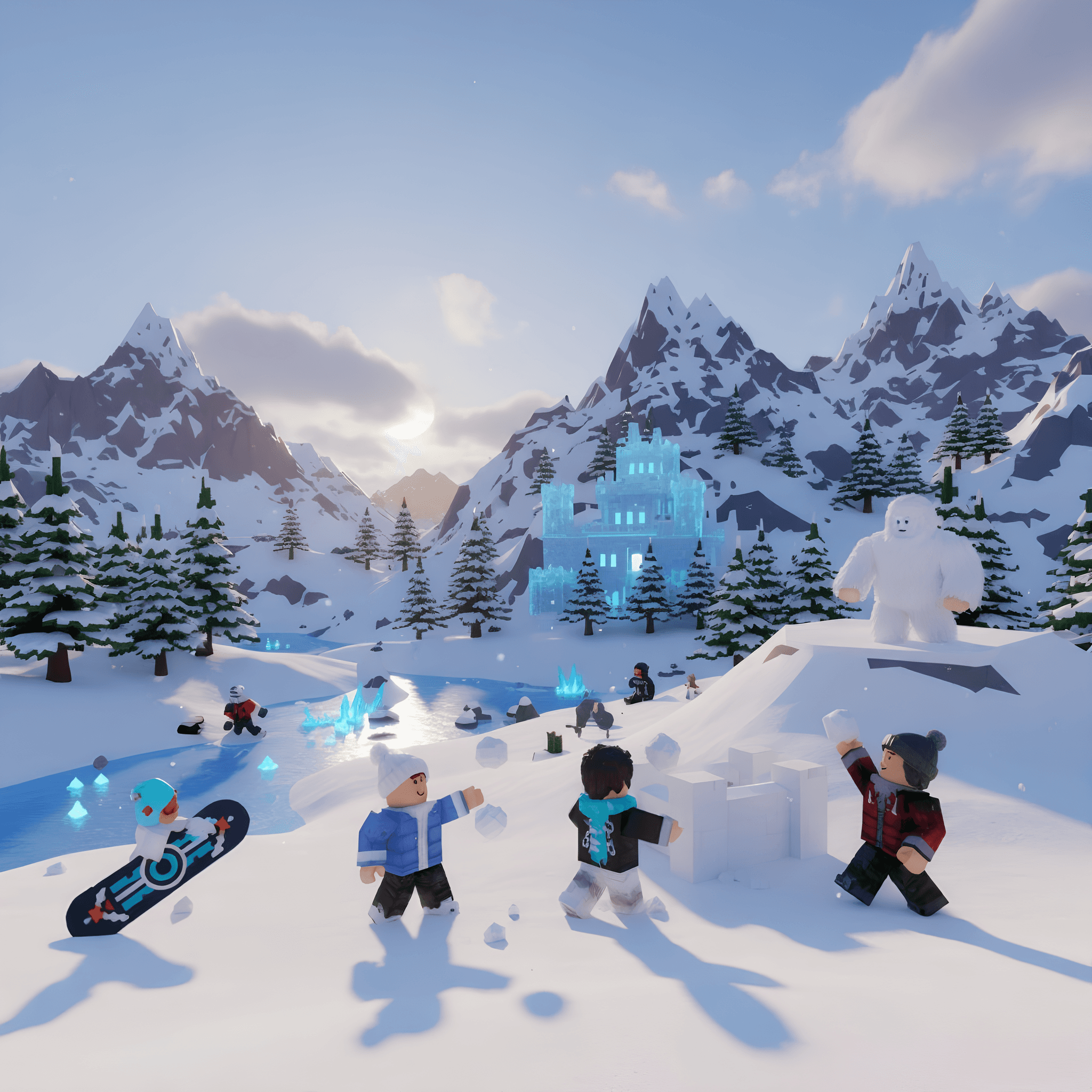 Personagens de Roblox reunidos em um cenário de montanhas, neve e um castelo de gelo